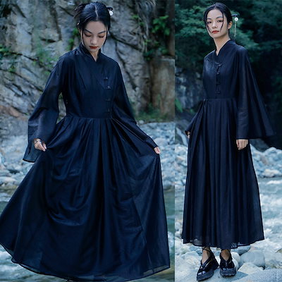 チャイナ風ワンピース 黒 プリーツワンピース シャツワンピース 長袖