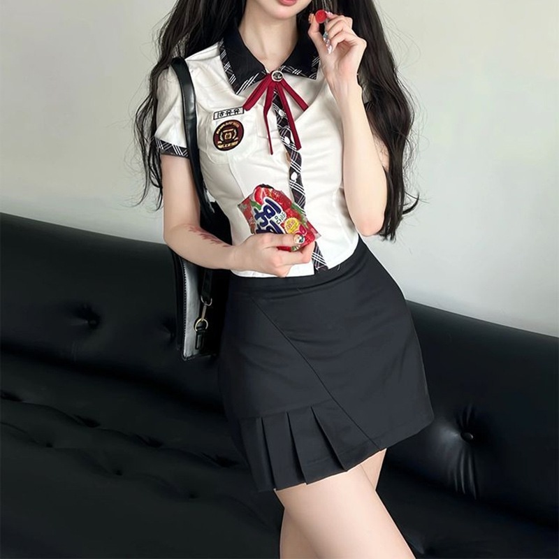 韓国風プレッピー風ホットガールセット夏ウエストを絞ったパッチワークの半袖シャツとハイウエストのショートスカートのツーピースセット