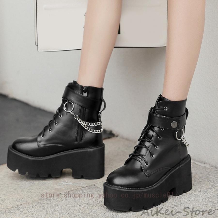 厚底 レースアップブーツ レディース チェーン付き 歩きやすい 厚底ヒール ショートブーツ 太ヒール サイドジッパー付き レースアップ 編み上げ 黒 ブラック