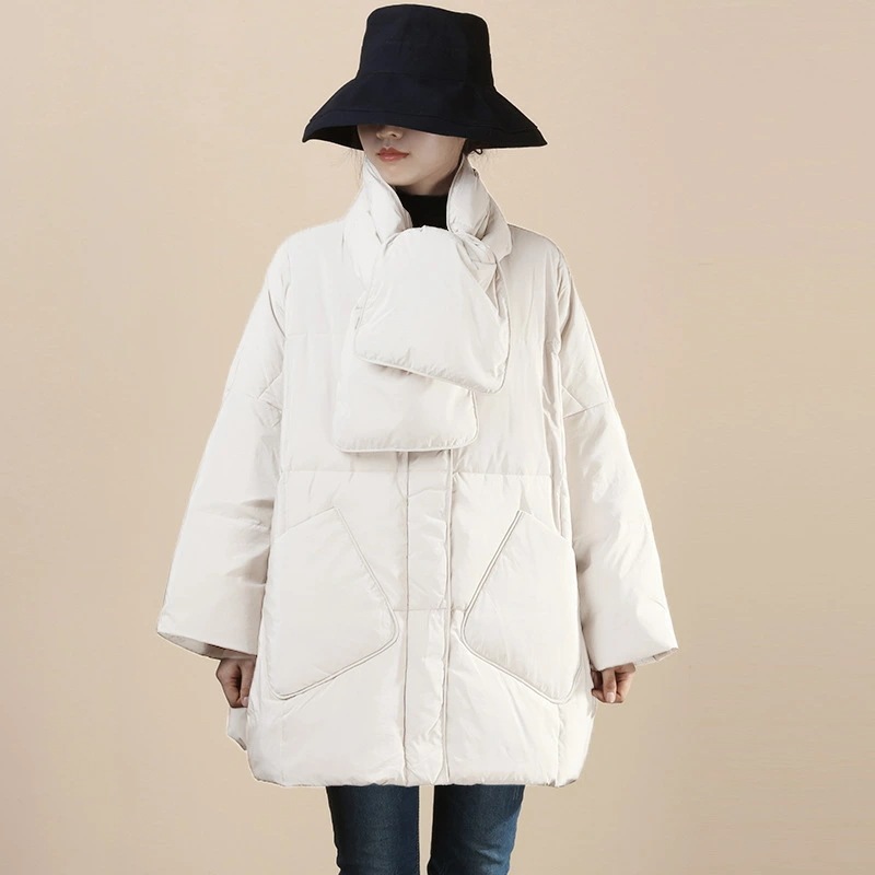 レディースダウンコットン 冬の女性のスカーフラウンドネック暖かい雪生き抜くエレガントな女性のダウンジャケットカジュアルルーズソリッドコート レディース ウィンター ジャケット