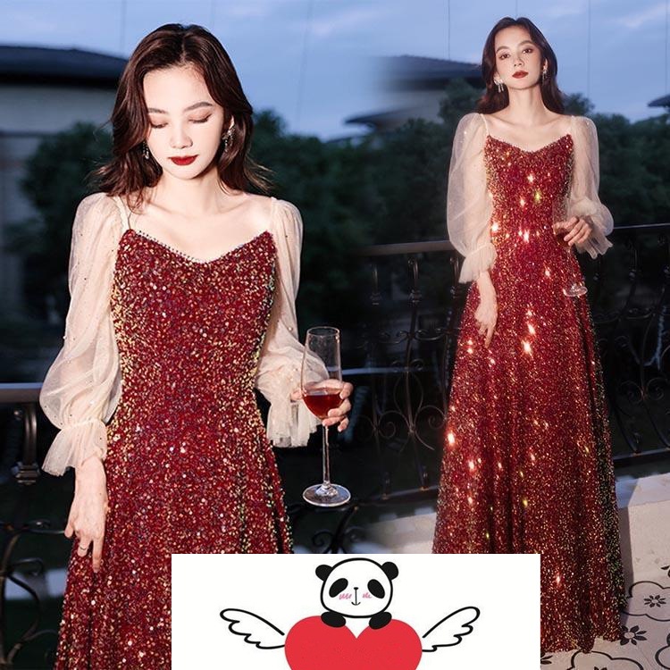 結婚式ドレス 二次会ドレス ワイン赤 ロング丈 キラキラ スパンコール パーティードレス ロングドレス 発表会ドレス Aライン ドレス XS S M L XL XXL XXXL