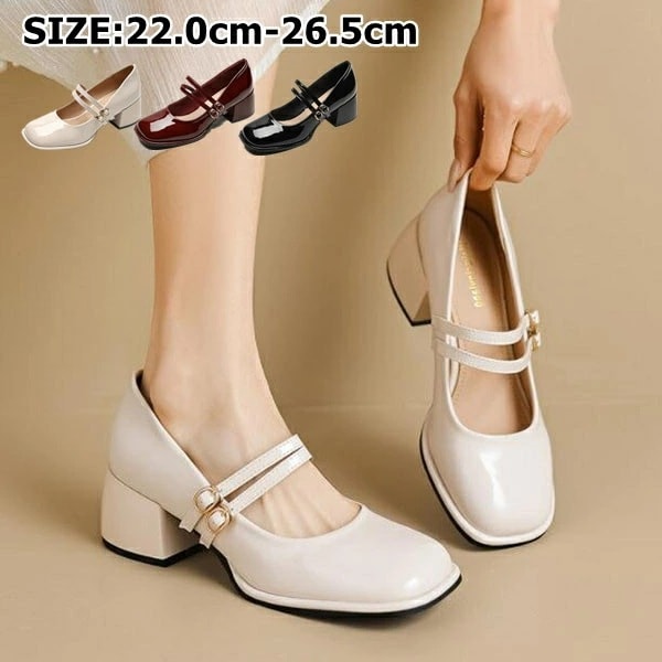 ２点で13o円OFF！【激安SALE】パンプス レディース 痛くない 　5cmヒール スクエアトウ 歩きやすい 太ヒール 大きいサイズ 小さいサイズ 黒 おしゃれ エナメル調 靴 合成皮革　パンプス