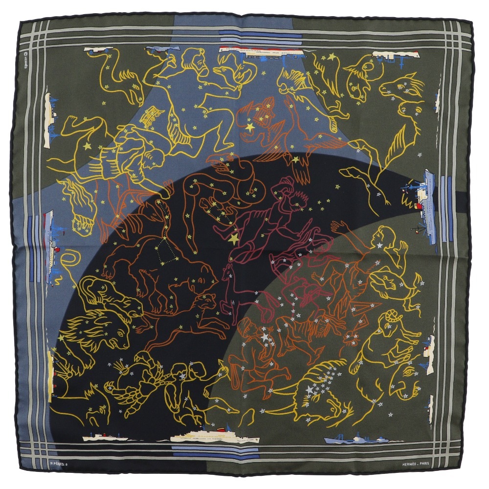 カレ45 プチカレ 星座 船 オリオン 希少デザイン スカーフ シルク レディース 中古品 Aランク