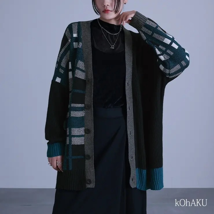 kOhAKUアシメチェック柄ニットカーディガン