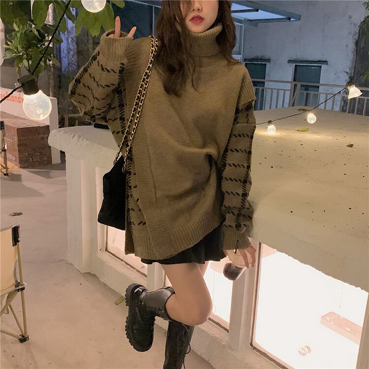 トップス ニット セーター ミディアム丈 ハイネック タートルネック 長袖 厚手 ルーズ