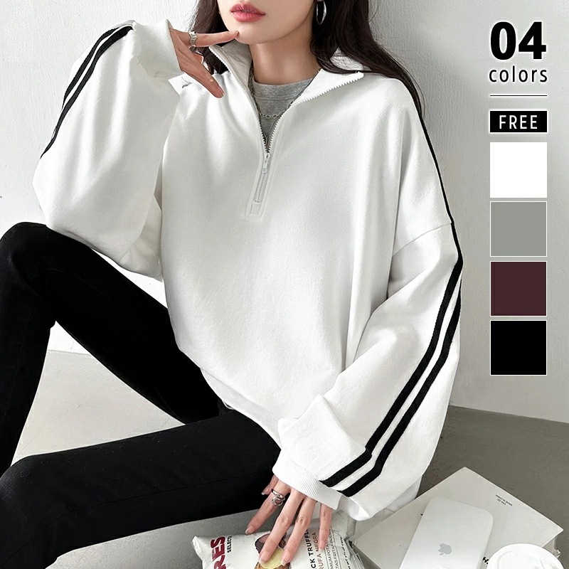 【2026年大人気】ハーフジップ スウェット 袖ライン オーバーサイズ トレーナー レディース サイドライン チュニック ジップアップ ボリューム袖 大きいサイズ ゆったり 長袖 トップス おしゃれ