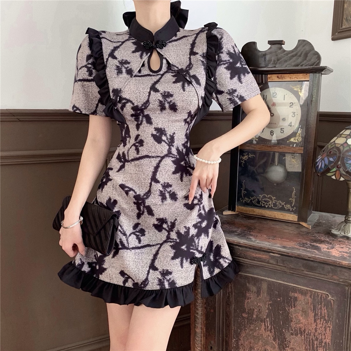 新作 チャイナドレス セットアップ風 夏 レトロ スタンドカラー ハイウエスト Aラインスカート 半袖 フリル サイドスリット ジッパー 20代 30代 大人女子 レディースフォーマル パーティ