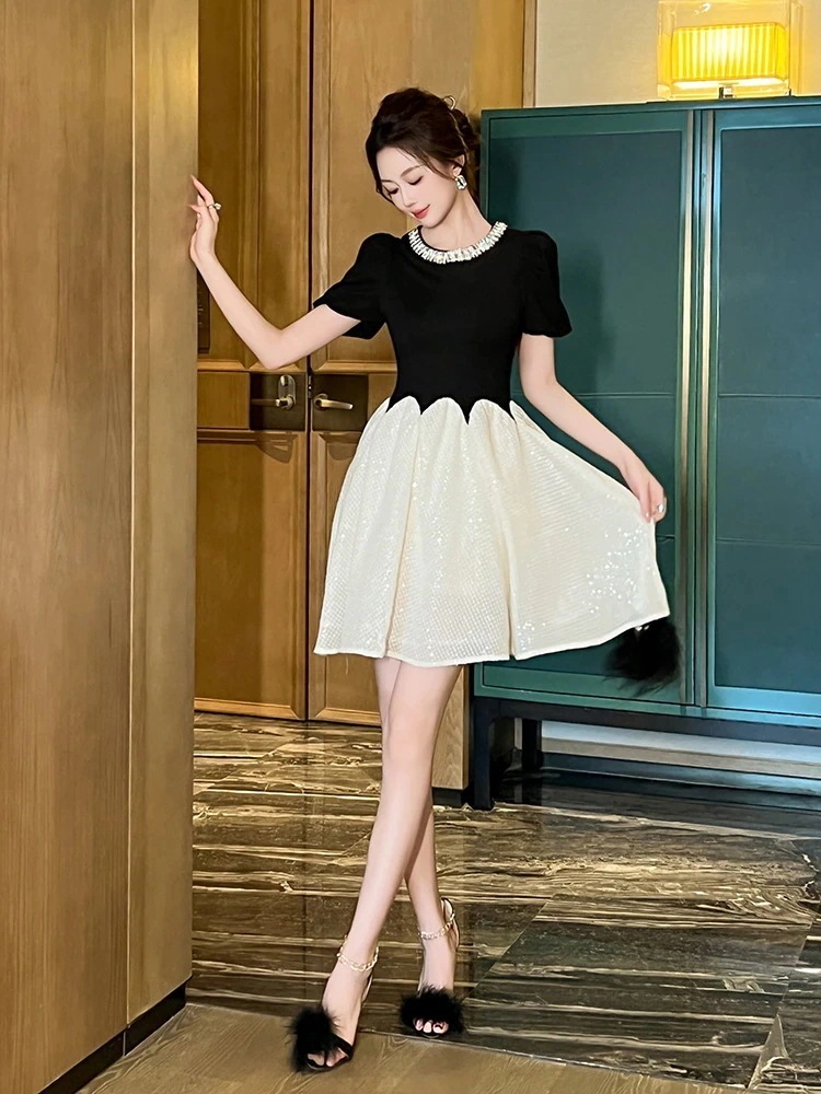 ロングスカート上品 25 ドッキング ショートワンピース ダイヤモンド飾り ドレス パーティー キャバ 大人 同窓会 披露宴 卒業式 結婚式 演奏会 ウェディング 二次会 メガ割