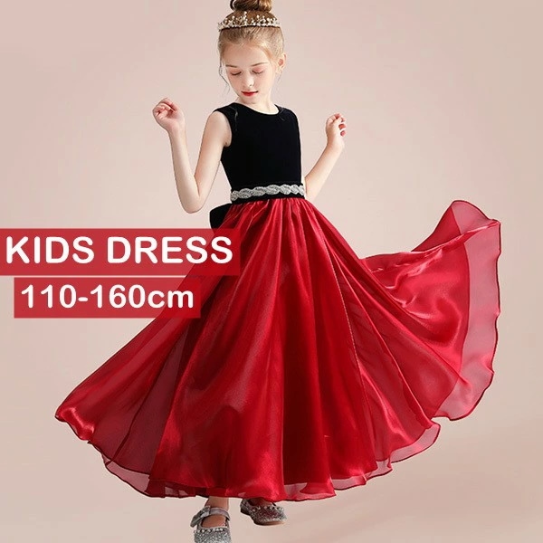 ピアノ発表会 ドレス 中学生 ワンピース ジュニアドレス 七五三 子供ドレス ロング丈 キッズドレス ブラック ラウンドネック 袖無し ノースリーブ シンプル プリンセスドレス Aライン ブライダル