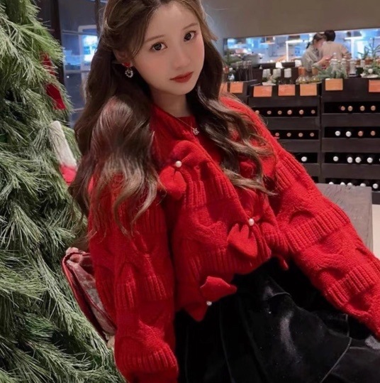 リボン付きニット 可愛い セーター 赤 レッド 韓国 オルチャン レディース リボントップスレディース 韓国レディーストップス リボン付き ニット セーター ぼわん袖セーター ぽわん袖ニット ぽわん袖