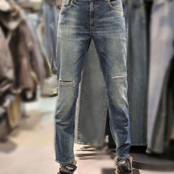 男性Mトーンストレートスリムフィットダメージデニムパンツ-DG