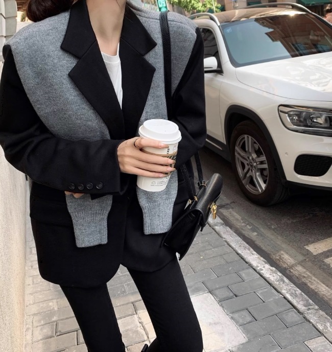 レディース トップス ジャケット ニット セーター 前開き 丈長 長袖 襟付き ワイド ストレート 切り替え 切り替えデザイン ドッキング 中厚手 ニット きれいめ カジュアル 上品 おしゃれ レトロ