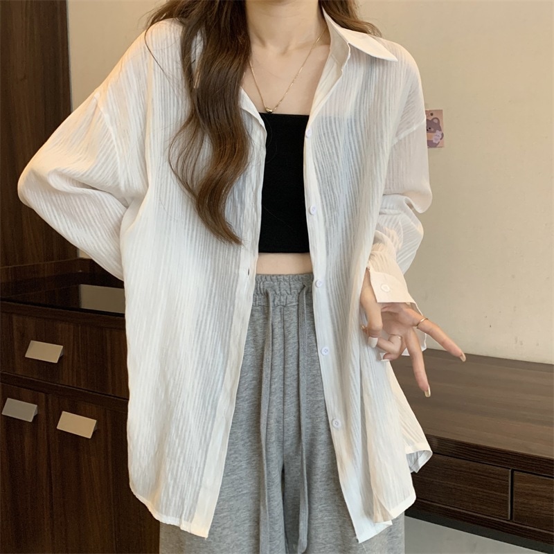 トップス シャツ ブラウス 白シャツ 袖あり 長袖 襟付き 前開き 透け感 シースルー 大人可愛い シンプル カジュアル 大人 おしゃれ お洒落 大人女子 こなれ感 ラフ 抜け感 無地 春 夏 10代 4,115円