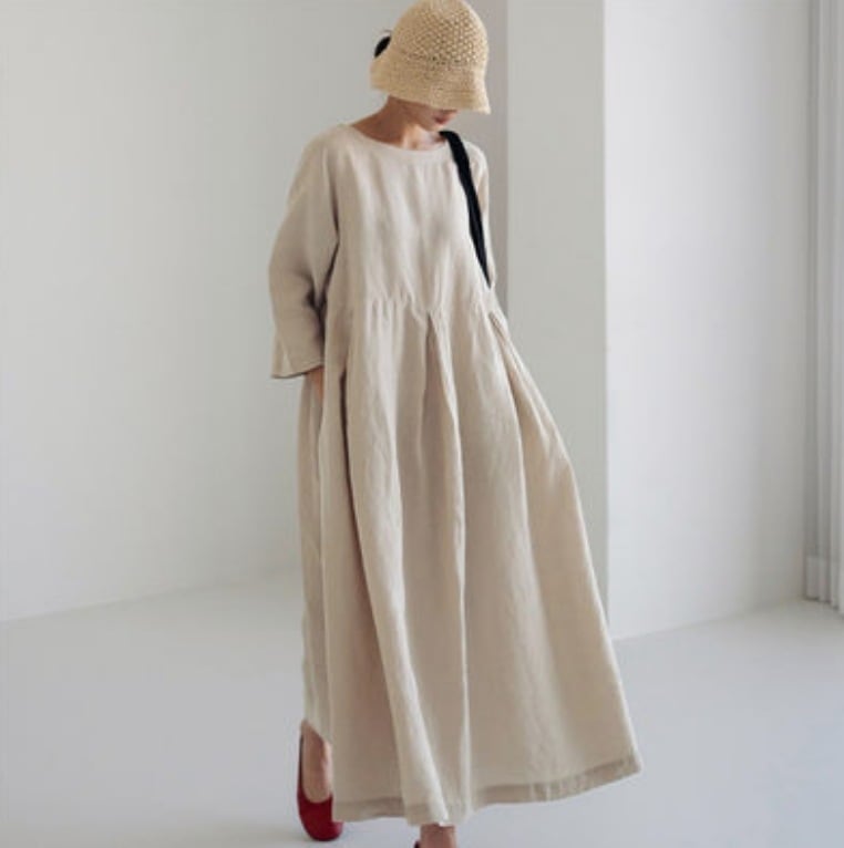 ワンピース ロング ミモレ クルーネック 九分袖 ウエストタック 大人可愛い かわいい ラフ ルーズ シンプル カジュアル 春 夏 秋 おしゃれ デート 旅行 XL 2XL カーキ