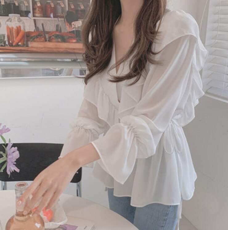 トップス デート かわいい 大人可愛い きれいめ シンプル カジュアル 大人 上品 おしゃれ お洒落Vネック フリル 長袖 ブラウス ギャザー リボン ホワイト 韓国 XL オフィス 学生 お出かけ