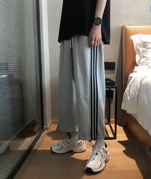 パンツ メンズ ストレート アンクル丈 サイドライン シンプル スポーティー カジュアル ラフ 春 夏 秋 冬 オールシーズン 学生 お出かけ アウトドア 楽ちん XL 2XL ホワイト ブラック