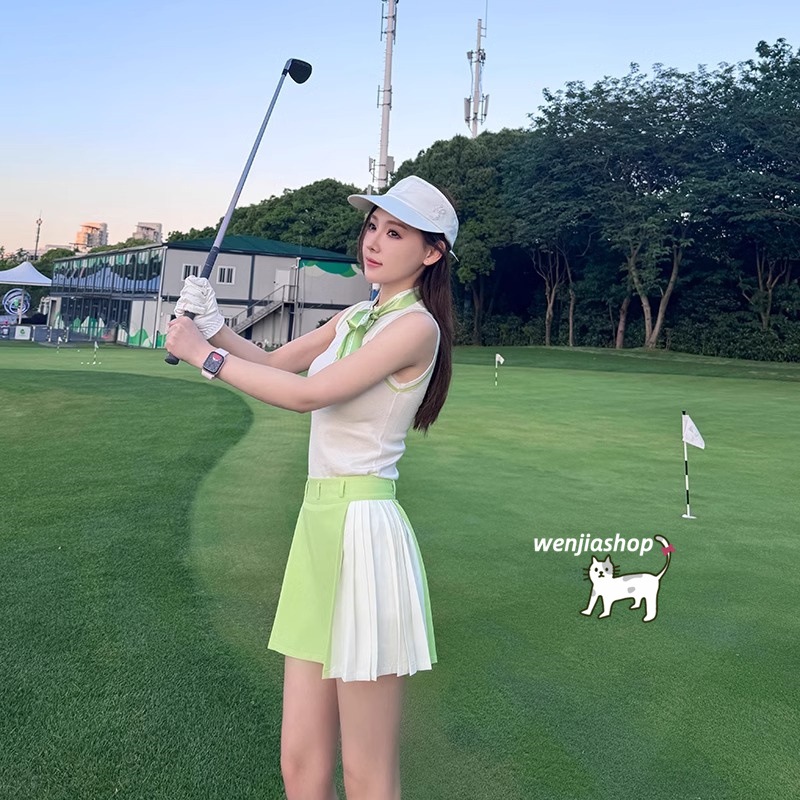 ゴルフウェア 2025 春夏 上下セット 袖なし スカーフ付き プリーツスカ ミニスカート レディース 韓国風 速乾 スポーツ テニスウェア 白 グリーン