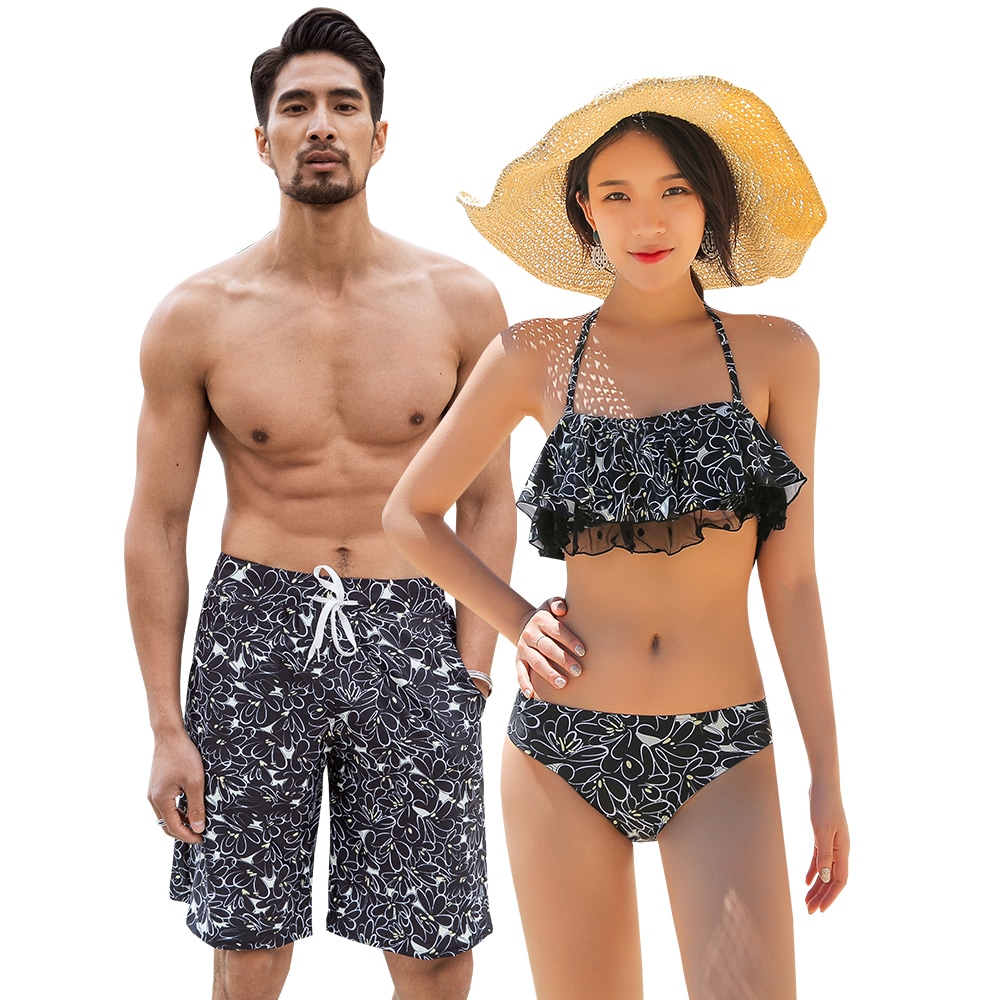水着 ペア水着 レディース メンズ カップル水着 体型カバー ビーチパンツ お揃い ペアルック トランクス ビキニ 海 プール 夫婦 恋人 彼氏 彼女 大きいサイズ ブラック 花柄 2019年新作 4,892円