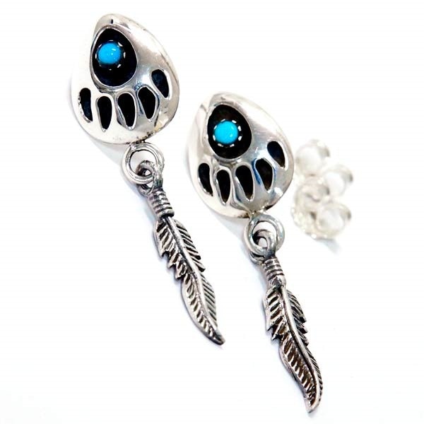 インディアンジュエリー スタッドピアス 天然石 ターコイズ レッドコーラル ベアパウ 熊 手 フェザー 羽 メンズ レディース シルバー925 水色/赤