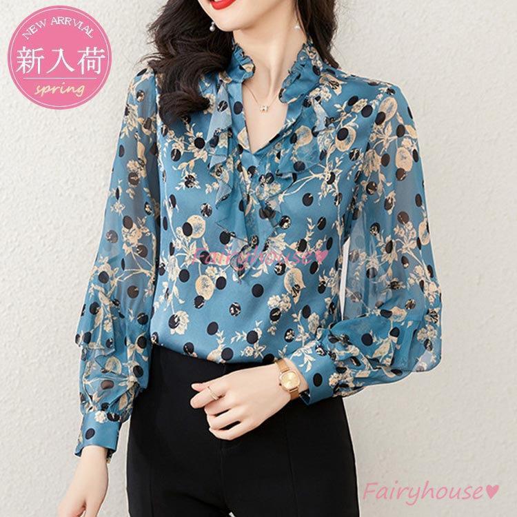 ブラウス レディース きれいめ 40代 長袖 トップス とろみシャツ ドット ゆったり きれいめ 着痩せ Vネック 大人 おしゃれ 通勤 30代 50代