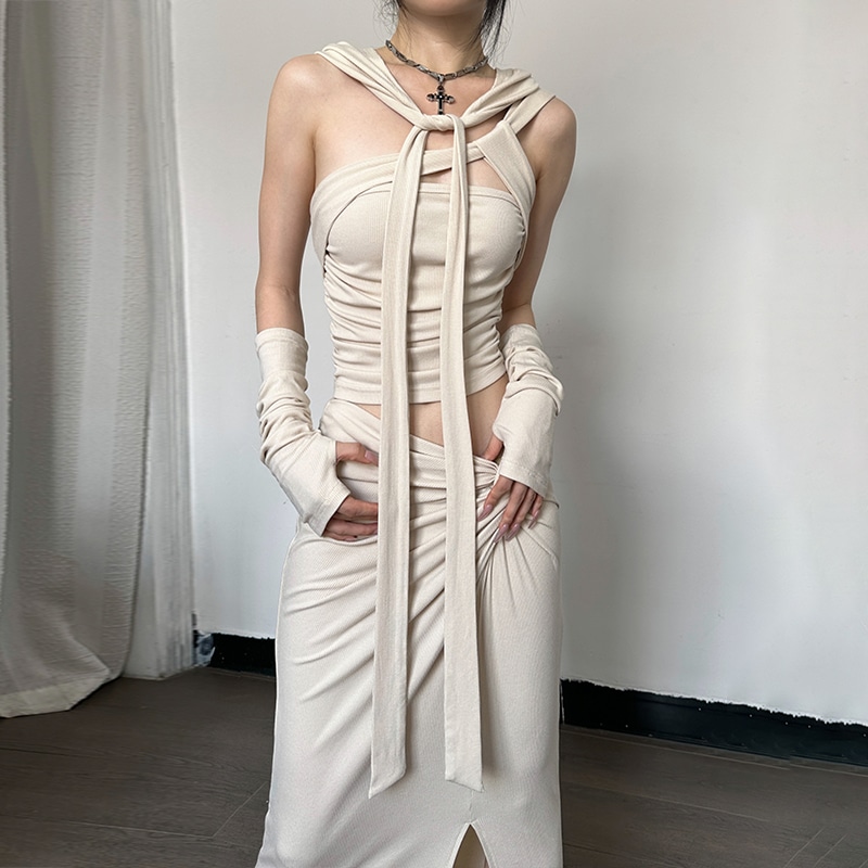 セットアップ タンクトップ ショート丈 タイト フード付き グローブ付き ロングスカート スリット シャーリング かわいい 大人可愛い きれいめ シンプル 上品 おしゃれ かっこいい カジュアル