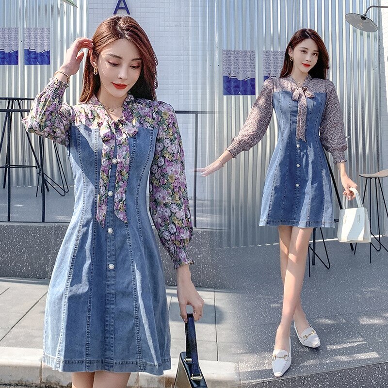 春の新作長袖カウガールステッチシフォンレースアップ蝶結びスリムスリミングドレス 母の日 母の日-0004083