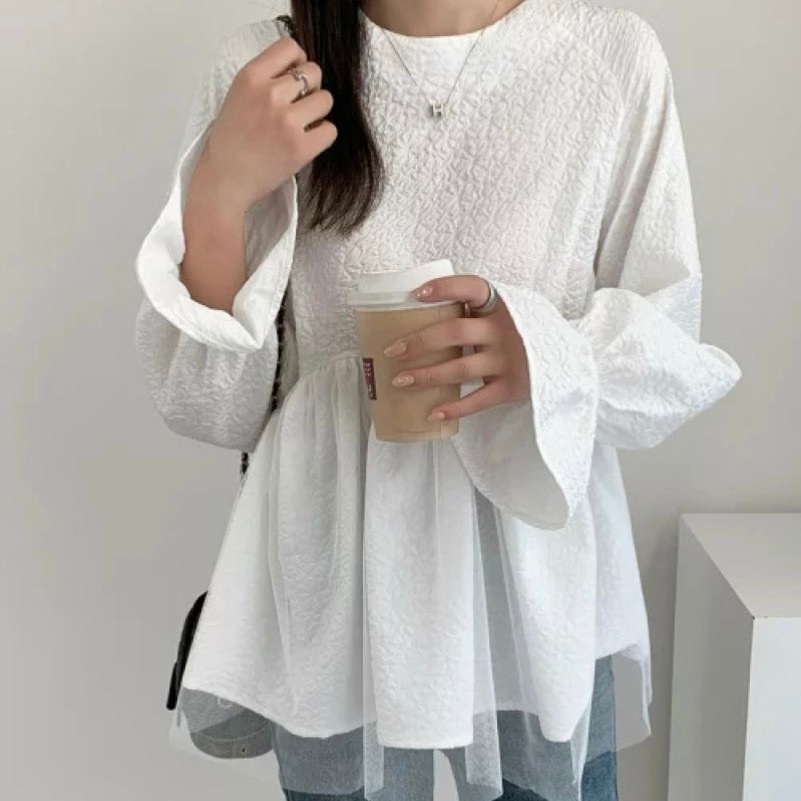 レディース トップス シャツ ブラウス プルオーバー 長袖 フリル袖 Uネック ラウンドネック 切り替え ドッキング フェミニン シフォン チュール シアー かわいい 大人可愛い きれいめ 上品 5,096円