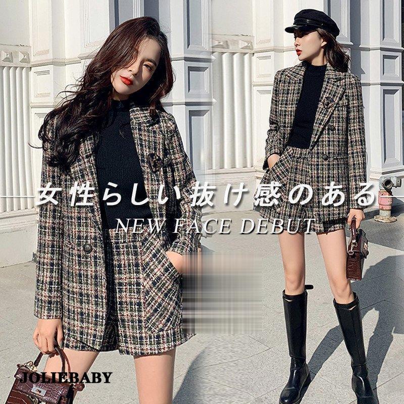 黒パンツスーツ 2点セット 卒業式 入学式長袖ミニ丈ジャケット+ショートパンツ 短パン チェック柄 テーラード コート オシャレ秋 30代40代 成人式XL春物夏服