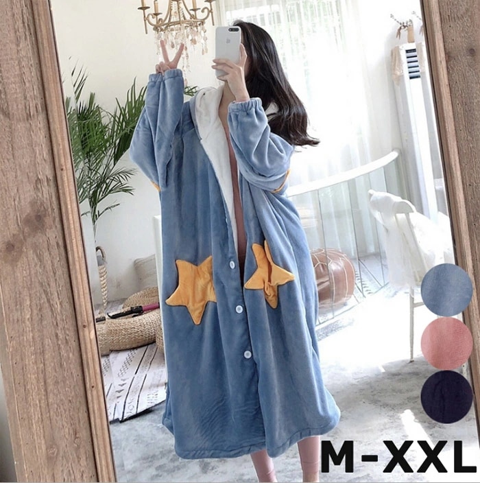 モコモコ 前開き M ワンピース XL 長袖 ルームウェア ふわもこ 厚手 星柄ポケット ルームウエア 着る毛布 レディース XXL 冬 L ロングワンピ パジャマ プレゼント20代30代40代
