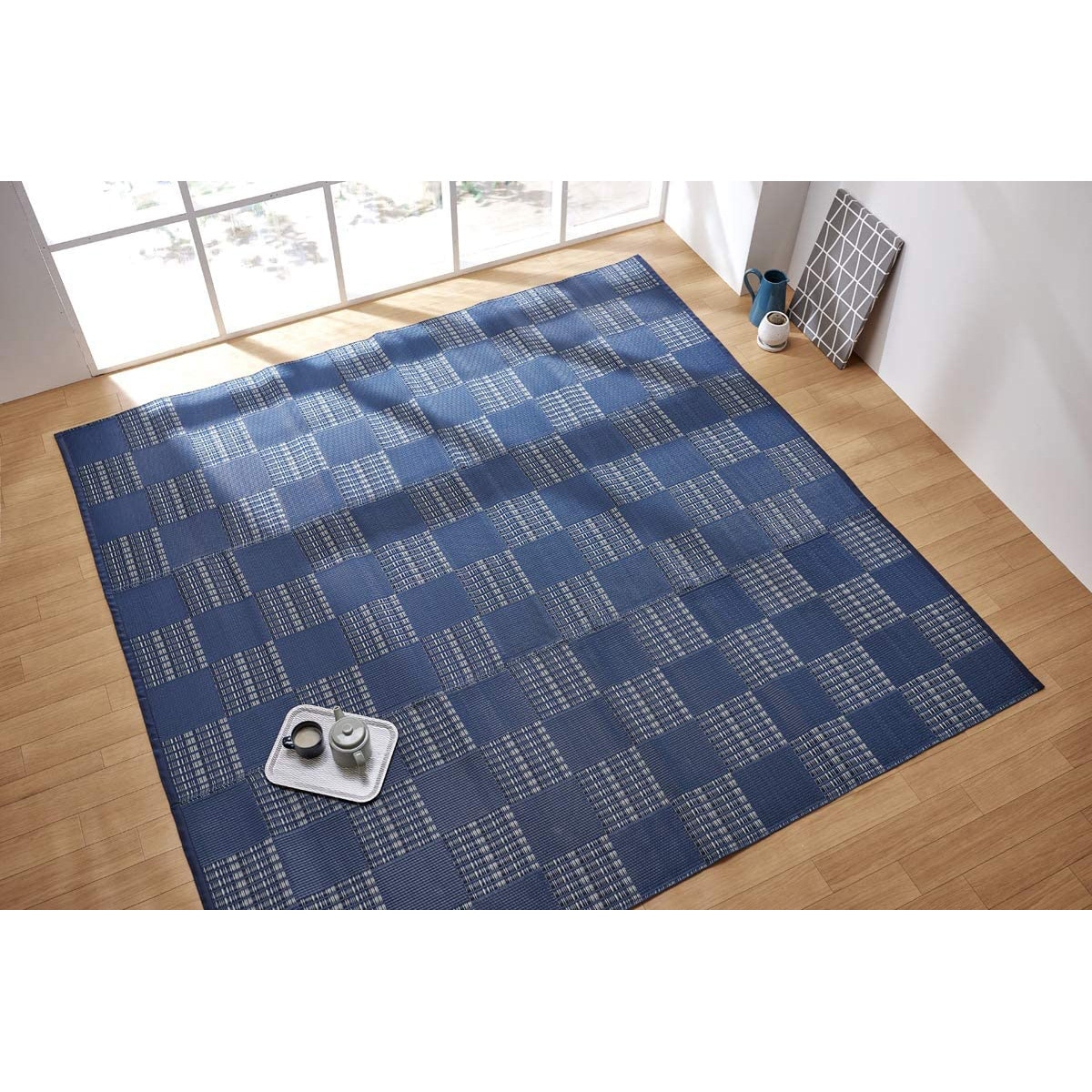 イケヒコ(IKEHIKO) ラグ カーペット PPラグ ウィード 江戸間8畳 約348×352cm ネイビー 日本製 洗える/撥水/防カビ/い草調PP #2121508【