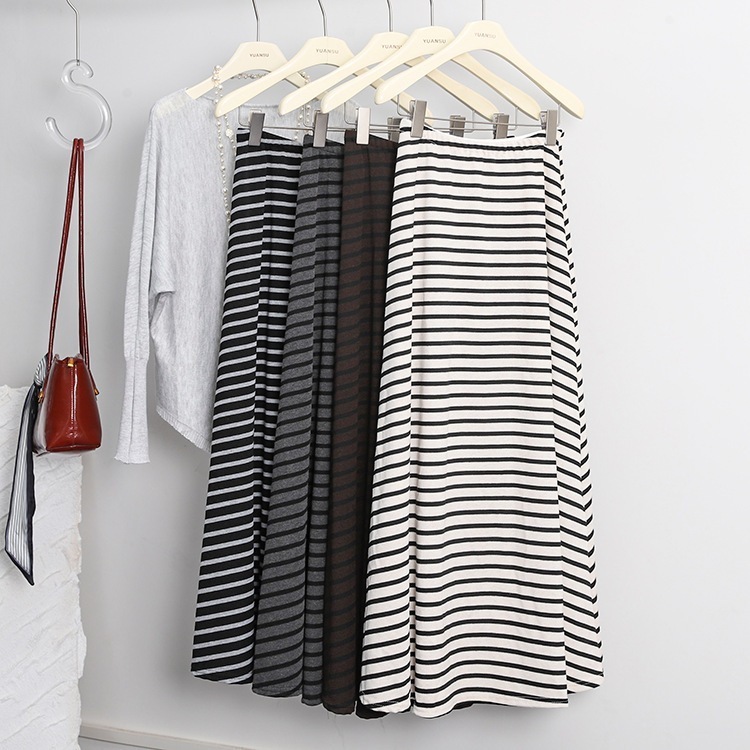 【送.料.無.料.急速発送】【新作】ぶつかり色ストライプハイウエストで痩せた雰囲気の通勤A字スカートロングスカート