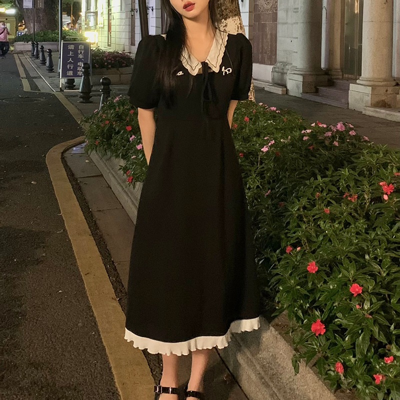 フレアワンピース ワンピース フレアワンピース ミモレ ミモレ丈 ロング ロング丈 袖あり 半袖 パフスリーブ Vネック 襟付き フレア Aライン レース リボン ハイウエスト かわいい 大人可愛い