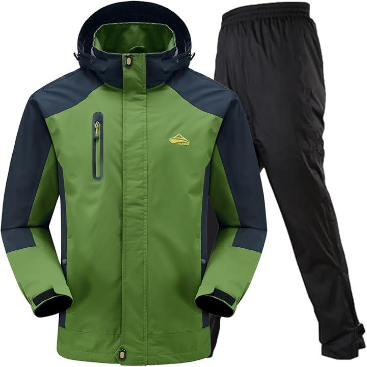 大雨でも快適 アウトドアジャケット 上下セット メンズ 登山 レインウェア 釣り バイク レインパンツ マウンテンパーカー 防水 撥水(4.グリーン (防水レインパンツ), 3XL)