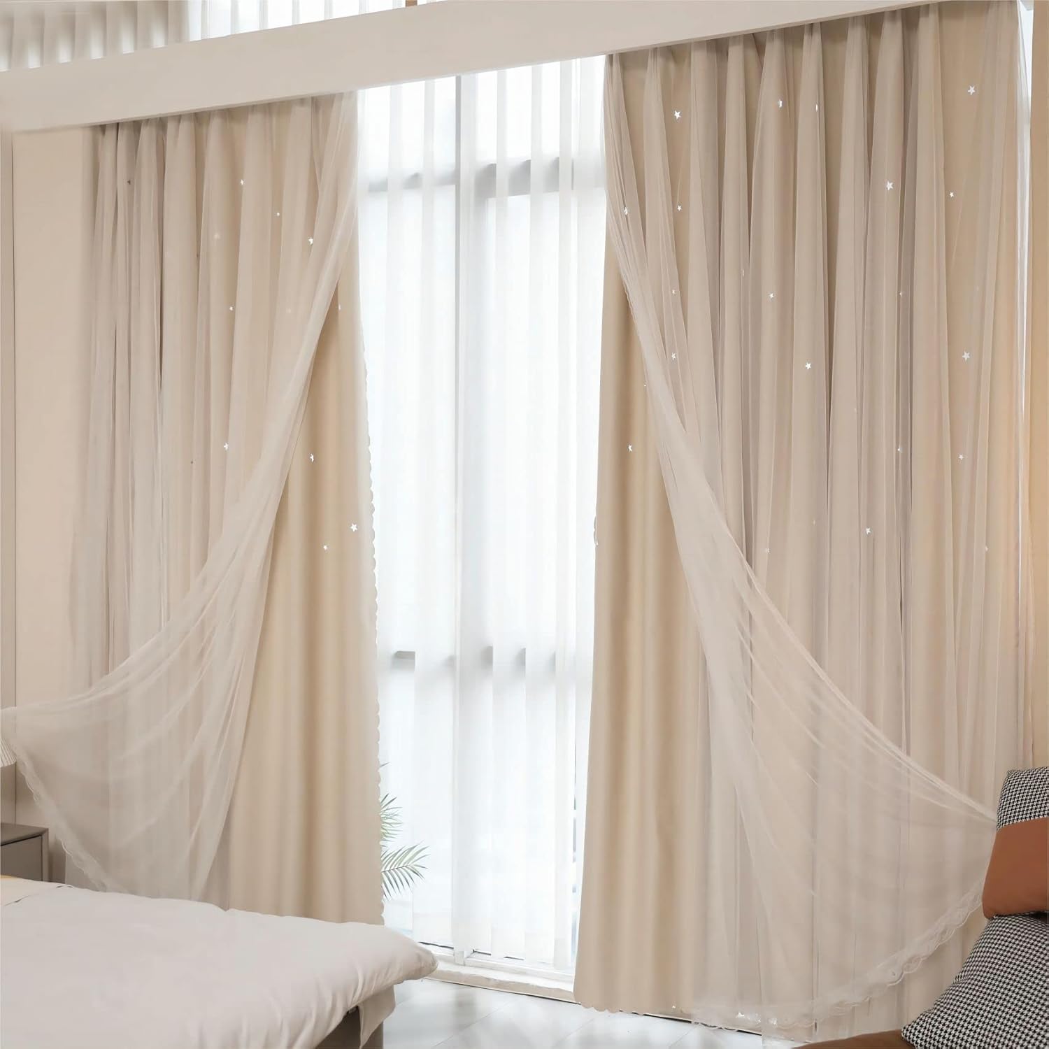 カーテン レースカーテン付き 2枚組 丈100cm×幅100cm 両開き 遮光 一体型 二重 星柄 厚手 フック付き タッセル付き アジャスター付き 遮熱 保温 洗濯可能 小窓/出窓用 掃き出し窓 腰