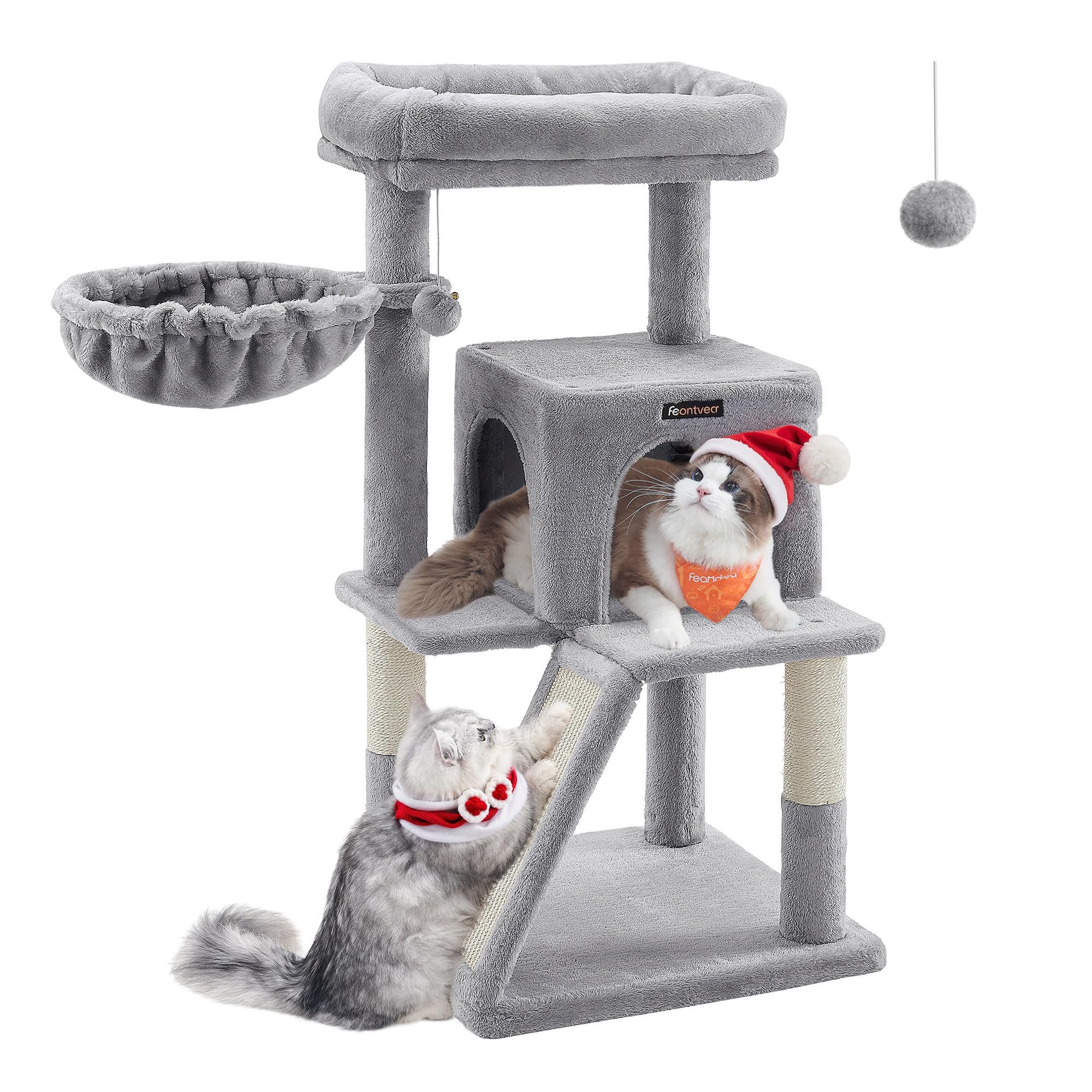 FEANDREA キャットタワー 大型猫 ハンモック耐荷重10KG 天然サイザル 広いハウスと多頭飼い 安定性 96CM PCT51W