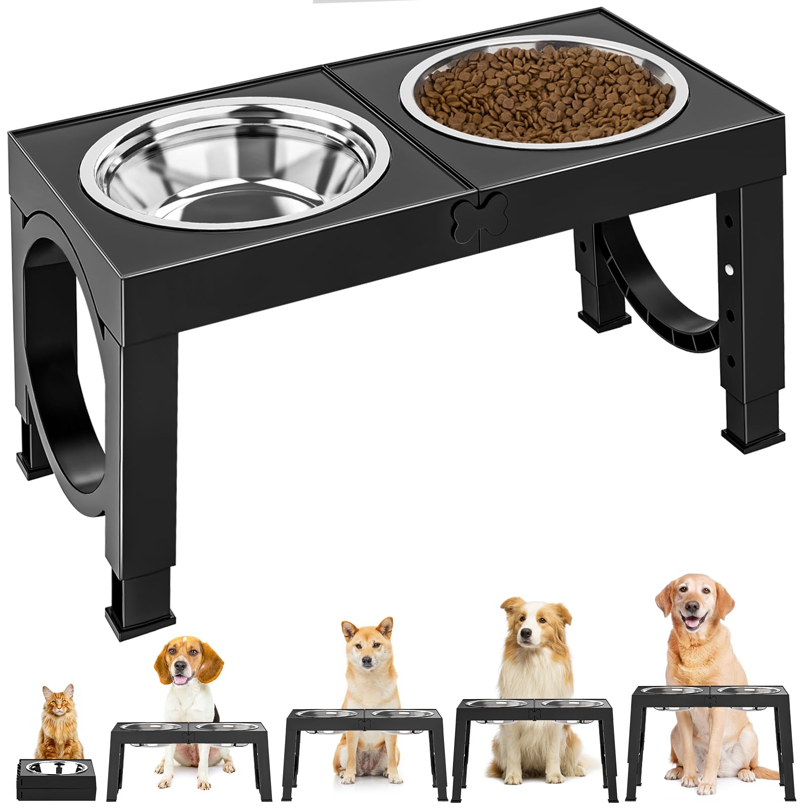 Aystkniet 犬 食器台 中型犬～大型犬向け ペット 餌台 ステンレスボウル 食器 エサ台 4段階 高さ調節可能 餌入れ 犬 ご飯台 (ブラック)
