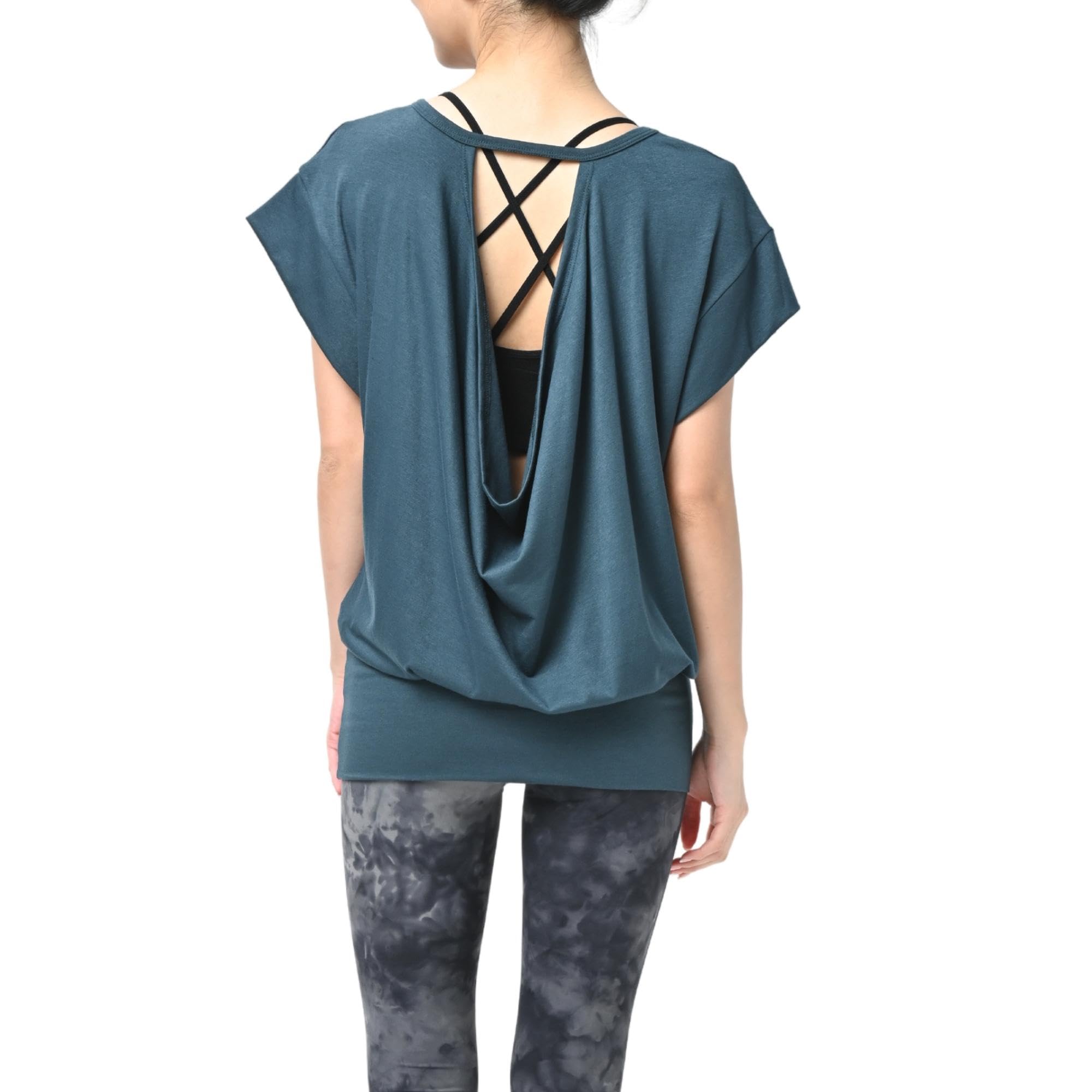 [machikaada] ヨガウェア トップス レディース Tシャツ 半袖 フレンチスリーブ ロング丈 丈長 裾リブ バックデザイン ヨガ ホットヨガ ピラティス 体型カバー 632 (ビリジアン,