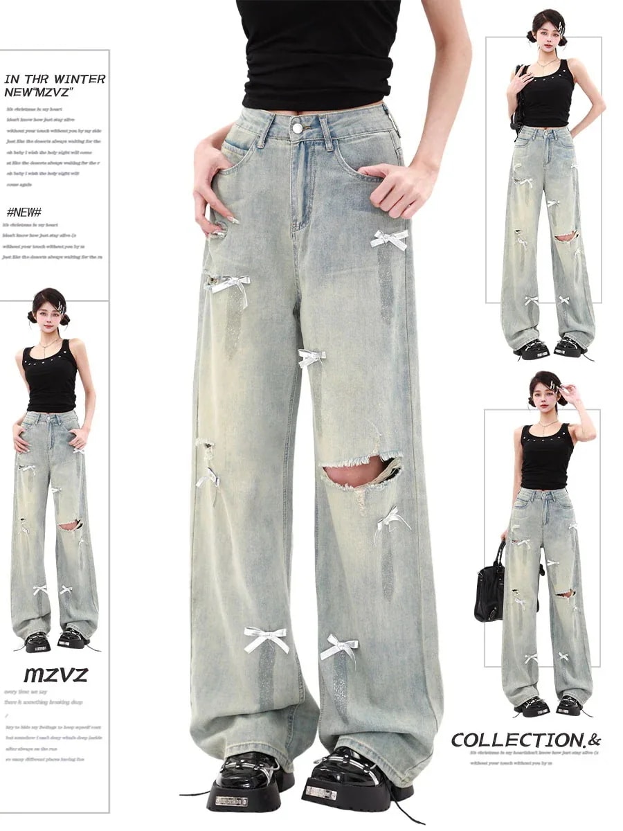 25 デニムパンツ ロング丈ボトムスハイウエストジーンズ K-PPストリートファッション系韓国風ファッション練習ジーンズ シルエットゆったりレッグレディースカジュアルジーパン衣装