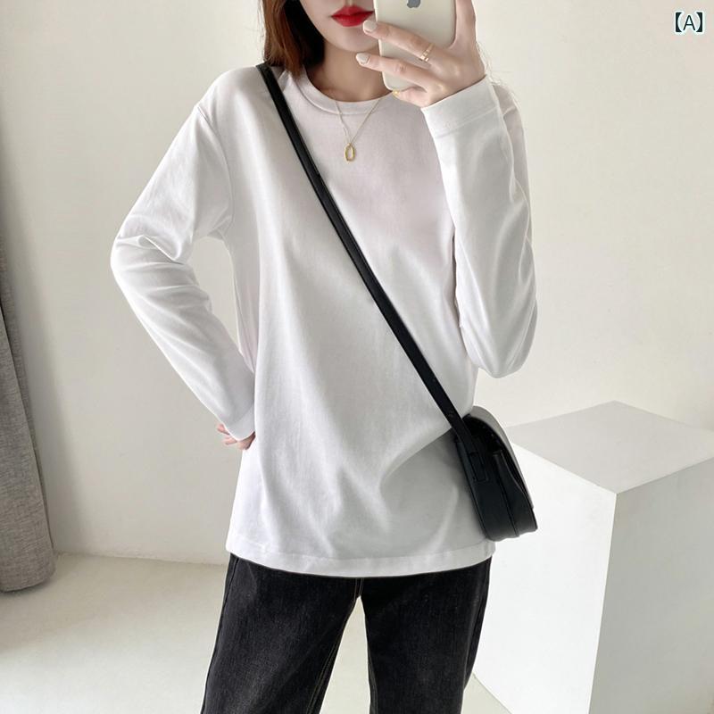 レディース トップス シンプル おしゃれ 秋 長袖 白 綿 Tシャツ ラウンドネック ミディアム 丈 白 Tシャツ