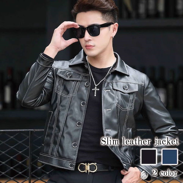 Qoo10] ライダースジャケット メンズ スリムレザ