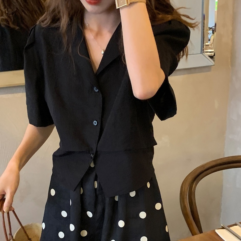 トップス シャツ ブラウス 袖あり 半袖 5分袖 五分袖 ボリューム袖 パフスリーブ 襟付き ワイド ポリエステル かわいい 大人可愛い きれいめ シンプル カジュアル 大人 上品 おしゃれ お洒落