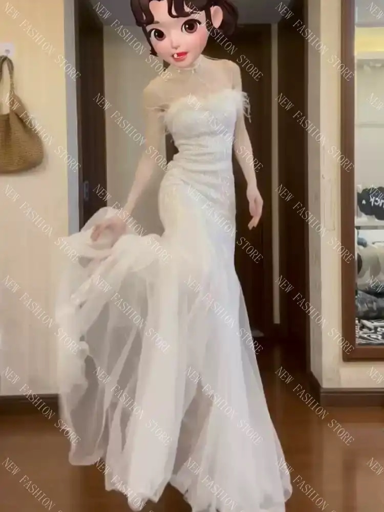 誕生日パーティー成人式のイブニングドレス司会者パーティー婚約白いマーメイドスタイルのハートカットワンピース女性用-41