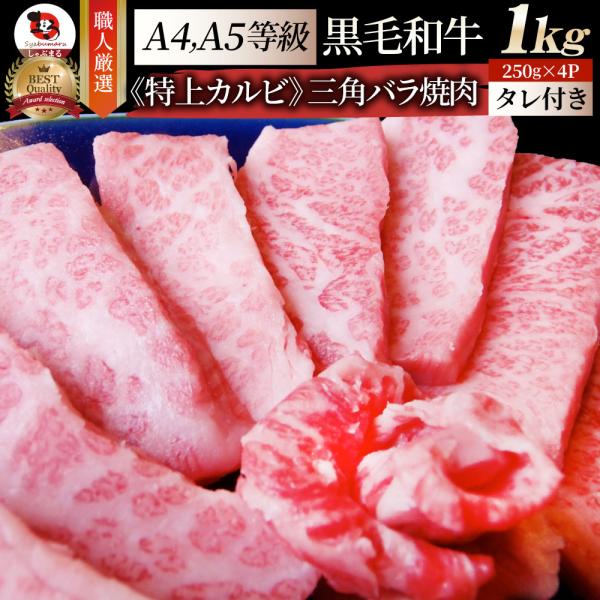 牛肉 肉 三角バラ カルビ焼肉 1kg (250g×4) 今だけ焼肉のタレ付き 凍眠 テクニカン 黒毛和牛 A4,5等級 とろける お歳暮 クリスマス ギフト 食品 プレゼント
