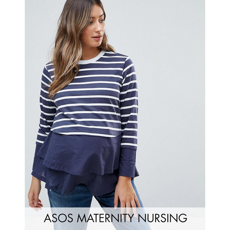 エイソス レディース トップス【ASOS Maternity NURSING Long Sleeve Double Layer Top in Navy Stripe】Multi エイソス レディース トップス【ASOS Maternity NURSING Long Sleeve Double Layer Top in Navy Stripe】Multi