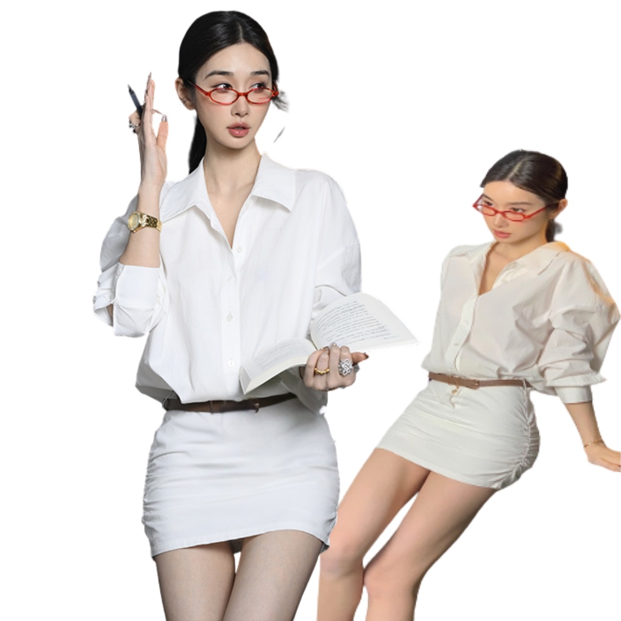 レディース シャツ ドレス ミニ 長袖 襟付き タイト スリム 細身 ストレート Iライン スマート ウエストマーク 薄手 大人可愛い きれいめ シンプル カジュアル おしゃれ かっこいい 個性的