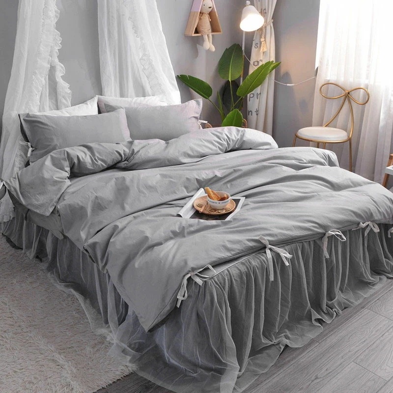 新品推奨全3色 布団カバーセット グレー 白 無地 コットン 寝具カバーセット 3点セット 4点セット 掛け布団カバー ベッド用品 シングル ダブル ピンク 夏 ベッドスカート チュール