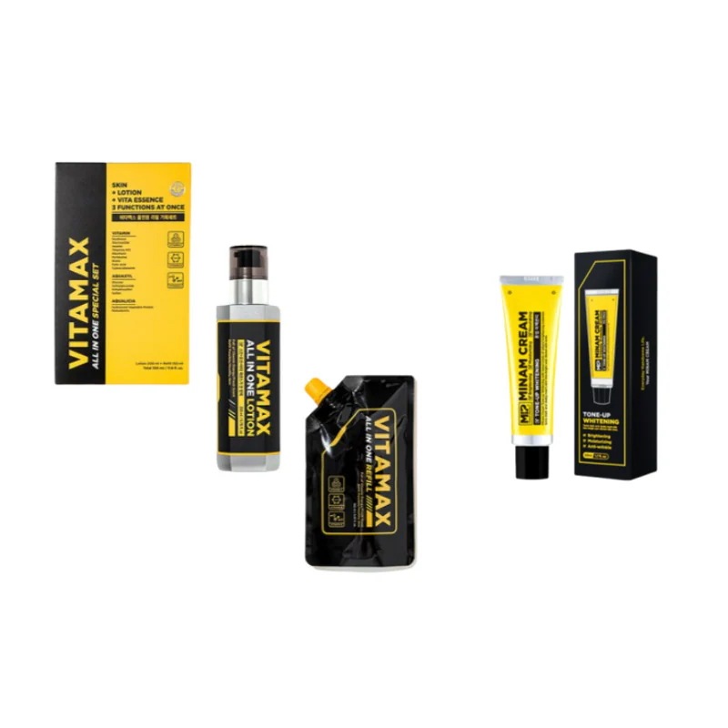 VITAMAX オールインワンローション 本品200ml+リフィル150ml +MINAM 美男クリーム 男性用 ブライトニング トーンアップクリーム 50ml