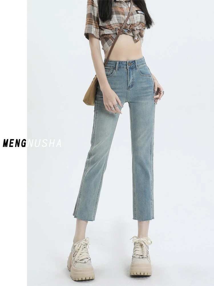 新しい小さなストレートジーンズ女性春春冬春と春のハイウエスト百l一致スキニーナインセパレートフォーク