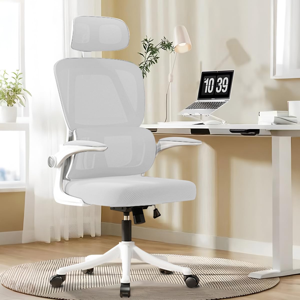 オフィスチェア 椅子 テレワーク 疲れない デスクチェア パソコンチェア 通気性メッシュ 跳ね上げ式アームレスト S字立体背も 腰サポートバー 360度回転 人間工学椅子 勉強 在宅勤務 ホワイト