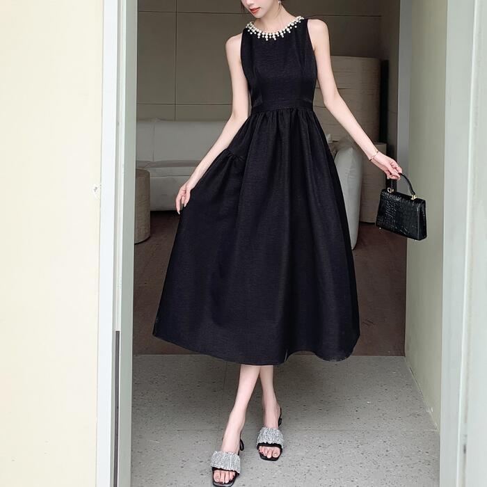 ワンピース ワンピ ドレス パール レディース エレガント きれいめ カジュアル 大人 可愛い ノースリーブ 結婚式 二次会 フォーマル オケージョン パーティー お呼ばれ ハイウエスト Aライン シ